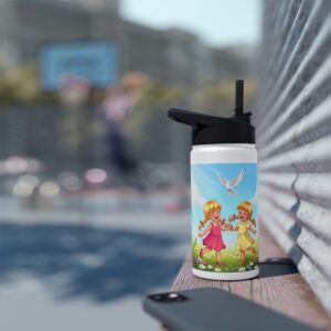 Roestvrijstalen waterfles I Vrolijk spelende meisjes I Duif I Heilige Geest I Kindercadeau I Reisgenoot