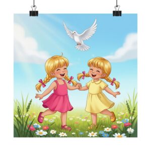 Speelse kinderposter I Kinderkamer decoratie I Vrolijk spelende meisjes I Cadeau