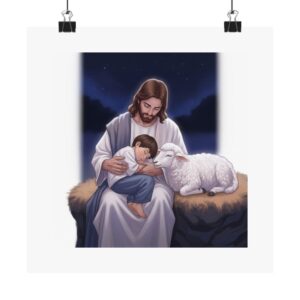 Matte Poster I Jongen slaapt bij Jezus I Schaapje I Rustgevend I Inspirerend I Kinderkamer