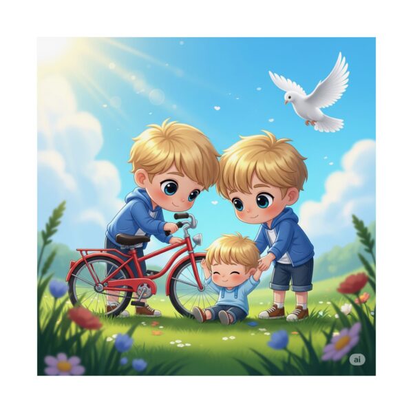 Matte poster voor kinderen I Jongens helpen een gevallen kind I Speelse kinderkunst I Cadeau I Inrichting klaslokalen - Afbeelding 9