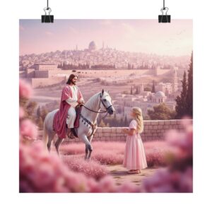 Matte poster I Jezus op wit paard I Blond meisje I Roze I Meisjeskamer I Cadeau