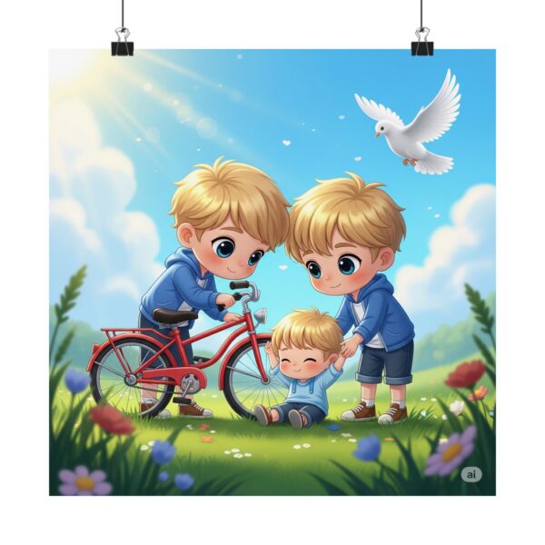 Matte poster voor kinderen I Jongens helpen een gevallen kind I Speelse kinderkunst I Cadeau I Inrichting klaslokalen - Afbeelding 8