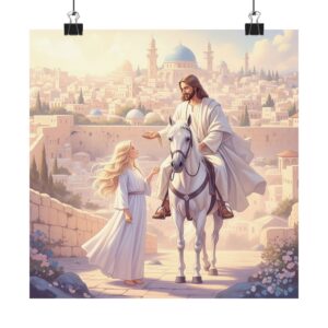 Inspirerend I Matte poster I Jezus op paard praat met meisje I Cadeau I Woondecoratie